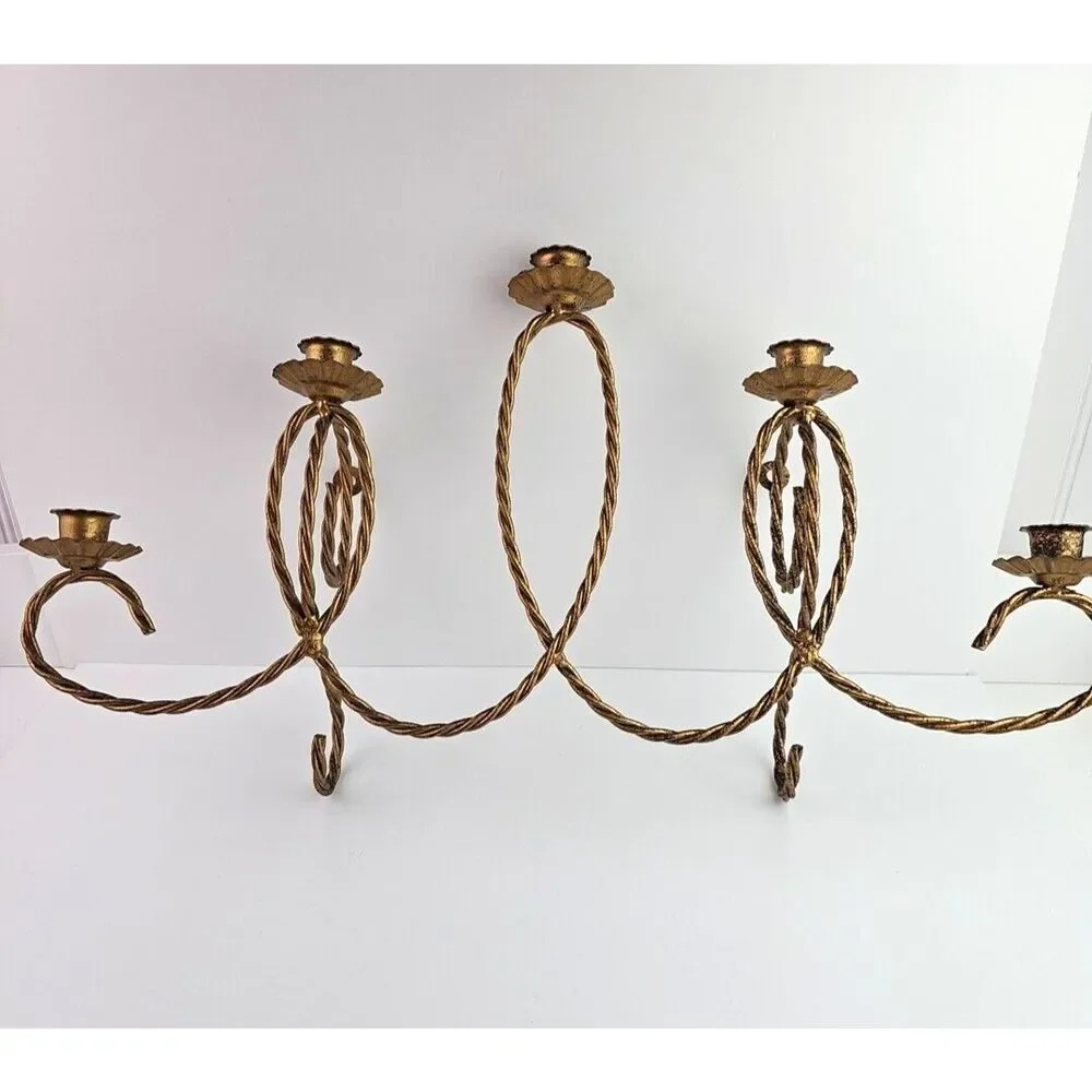 Vtg HOME INTERIOR Homco Gold Metal Twisted Rope Wall Sconce 5 Candle Holder 22in